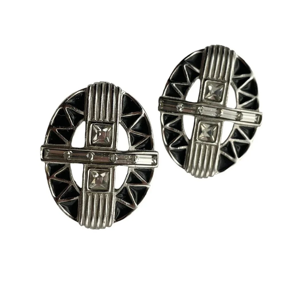 VTG Givenchy Art Deco Silver Tone Baguette Black Enamel‎ Oval Clip On Earrings